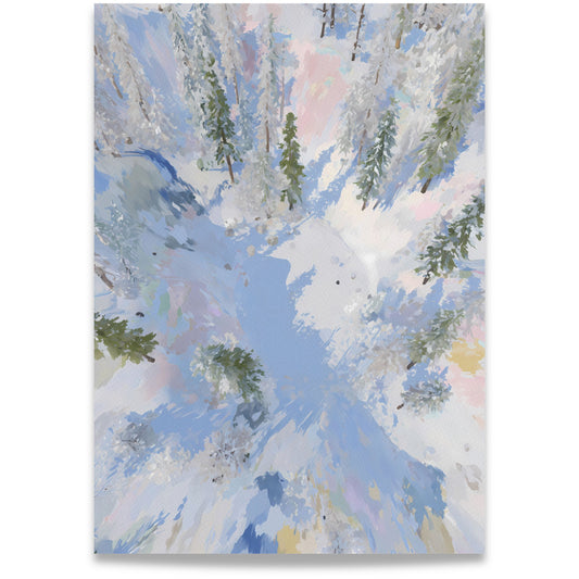 Winter Stillness vinterlerret med snødekt skog sett ovenfra i myke blå, rosa og grønne nyanser.