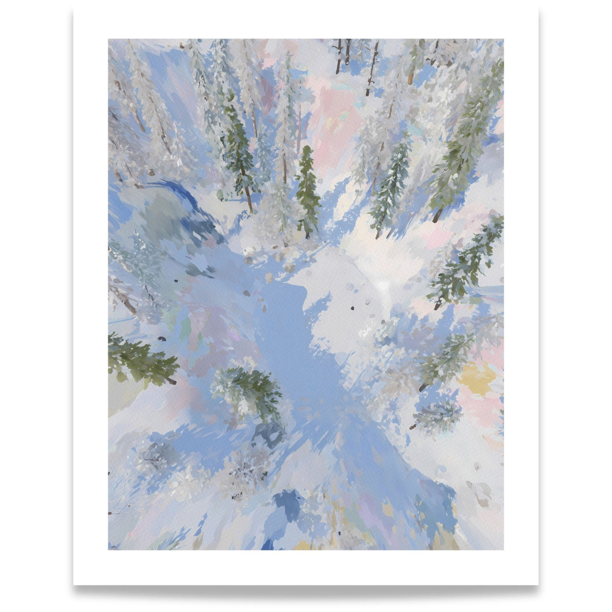 Winter Stillness – malerisk vinterplakat med snødekte grantrær i blå og rosa pastelltoner. Format 40x50.