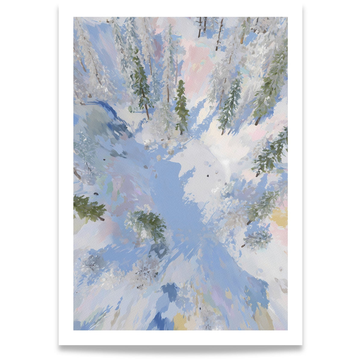 Winter Stillness – malerisk vinterplakat med snødekte grantrær i blå og rosa pastelltoner