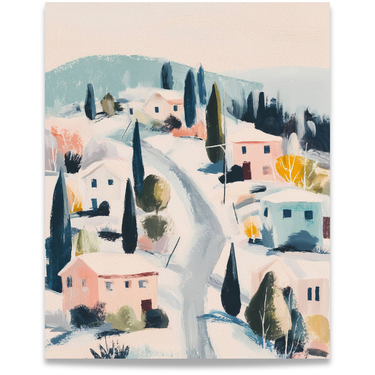Winter Village lerretsbilde med snødekt landsby, pastellfargede hus, svingete vei og høye mørke trær. Format 40x50.