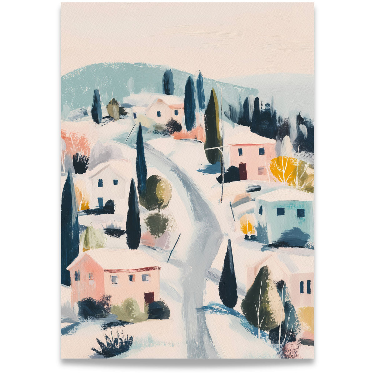 Winter Village lerretsbilde med snødekt landsby, pastellfargede hus, svingete vei og høye mørke trær.