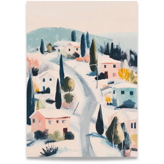 Winter Village lerretsbilde med snødekt landsby, pastellfargede hus, svingete vei og høye mørke trær.