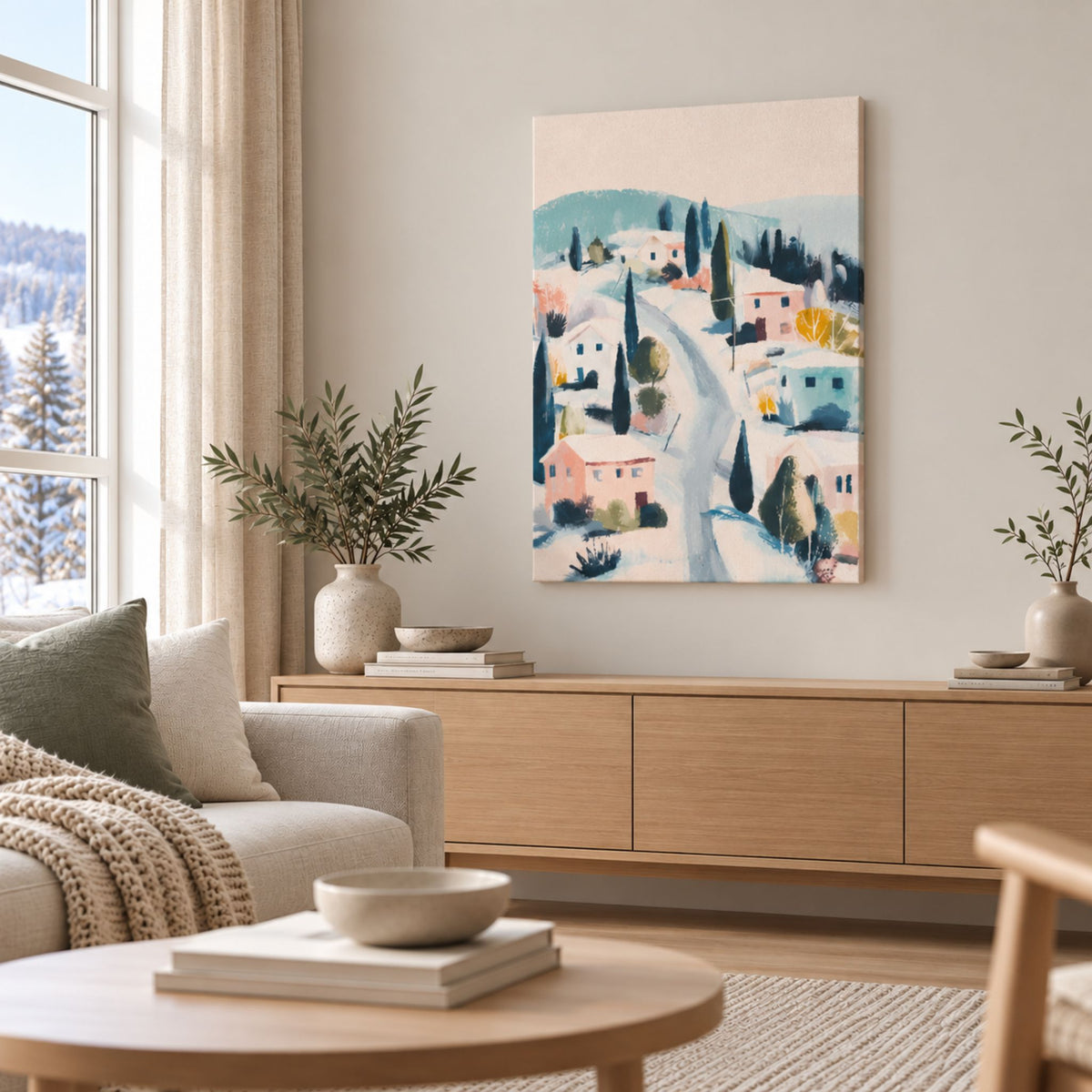 Winter Village på lerret over en skjenk i lys skandinavisk stue med beige sofa, lyst treverk og grønne kvister.