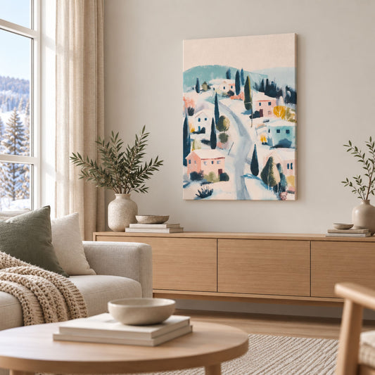 Winter Village på lerret over en skjenk i lys skandinavisk stue med beige sofa, lyst treverk og grønne kvister.