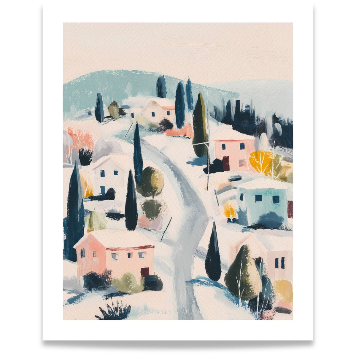 Winter Village vinterplakat med snødekte hus, svingete vei og trær i duse pastellfarger. Format 40x50