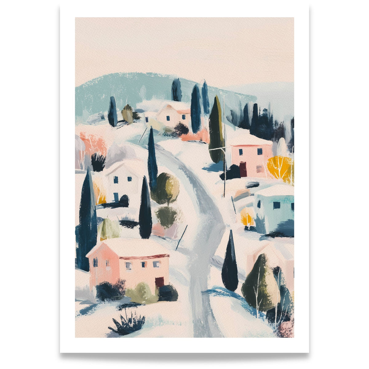 Winter Village vinterplakat med snødekte hus, svingete vei og trær i duse pastellfarger.