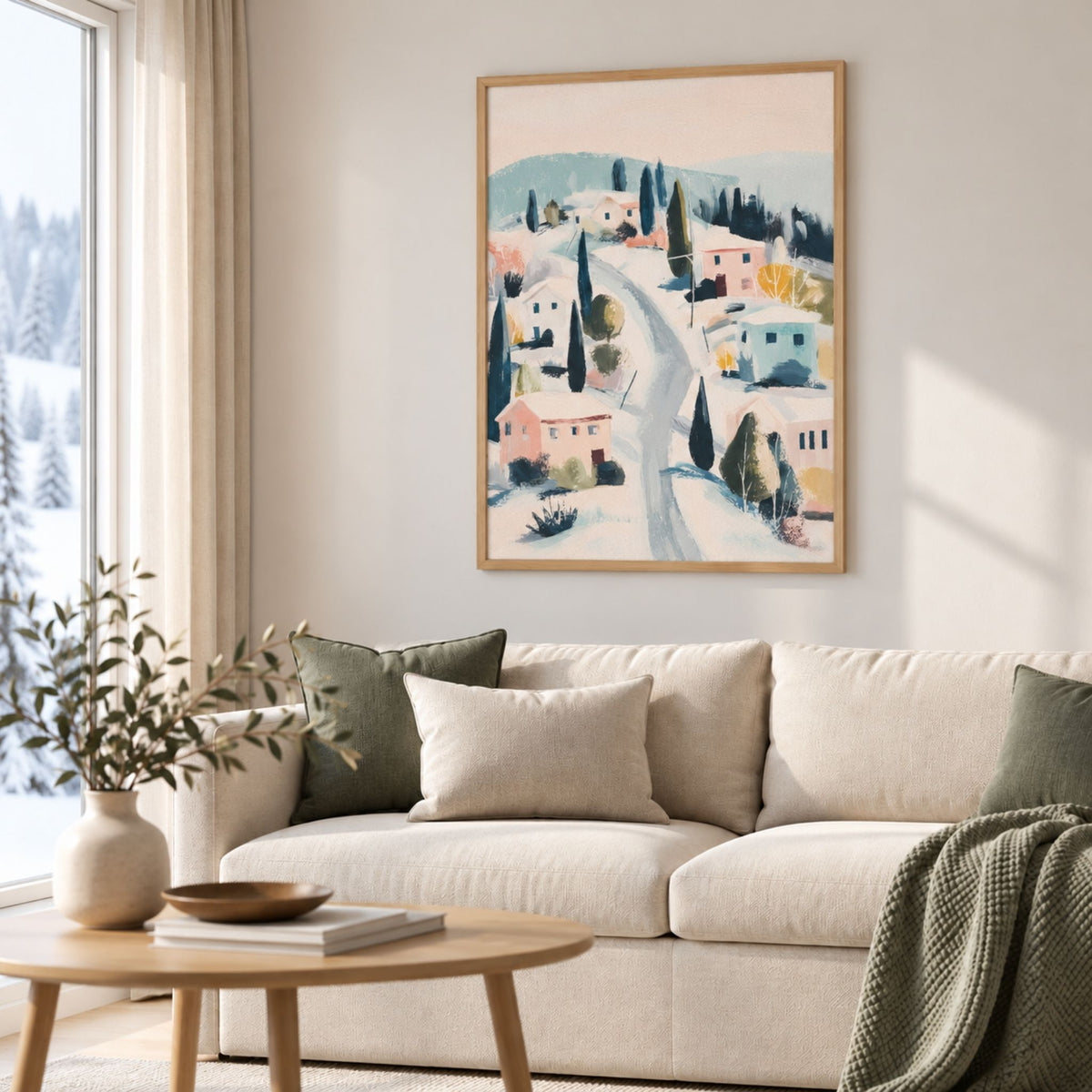 Winter Village plakat i eikeramme over lys sofa i skandinavisk stue.