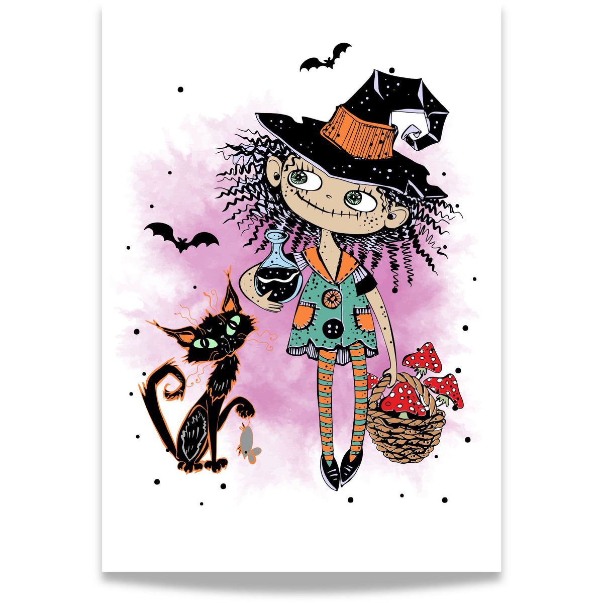 Witchy Wanderer Halloween-plakat med heks, svart katt, fluesopper og flaggermus