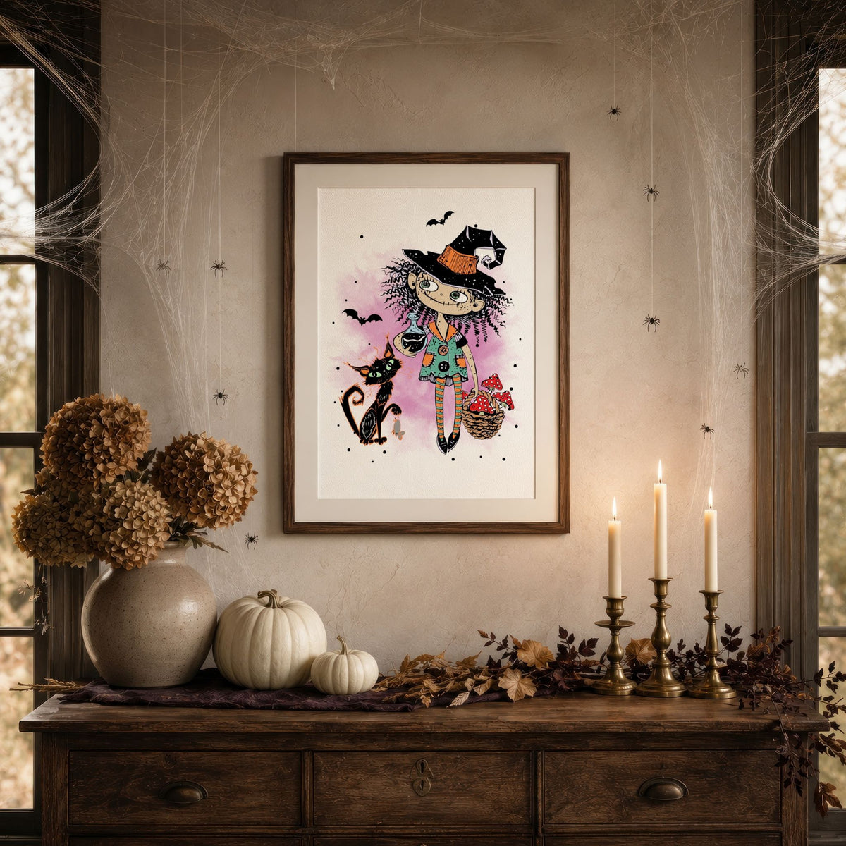 Witchy Wanderer Halloween-plakat i stemningsfullt høstinteriør med gresskar og levende lys