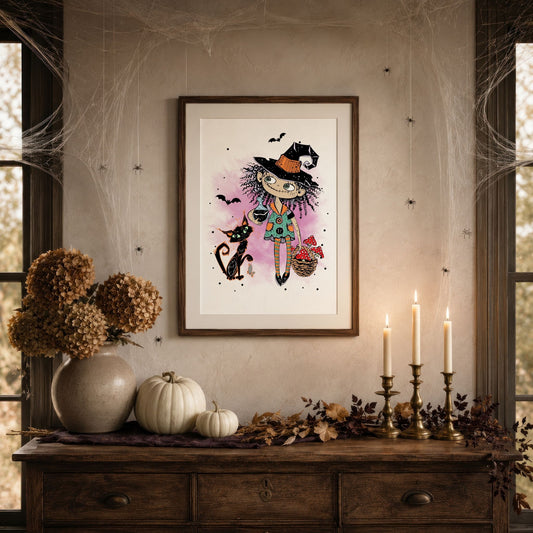Witchy Wanderer Halloween-plakat i stemningsfullt høstinteriør med gresskar og levende lys
