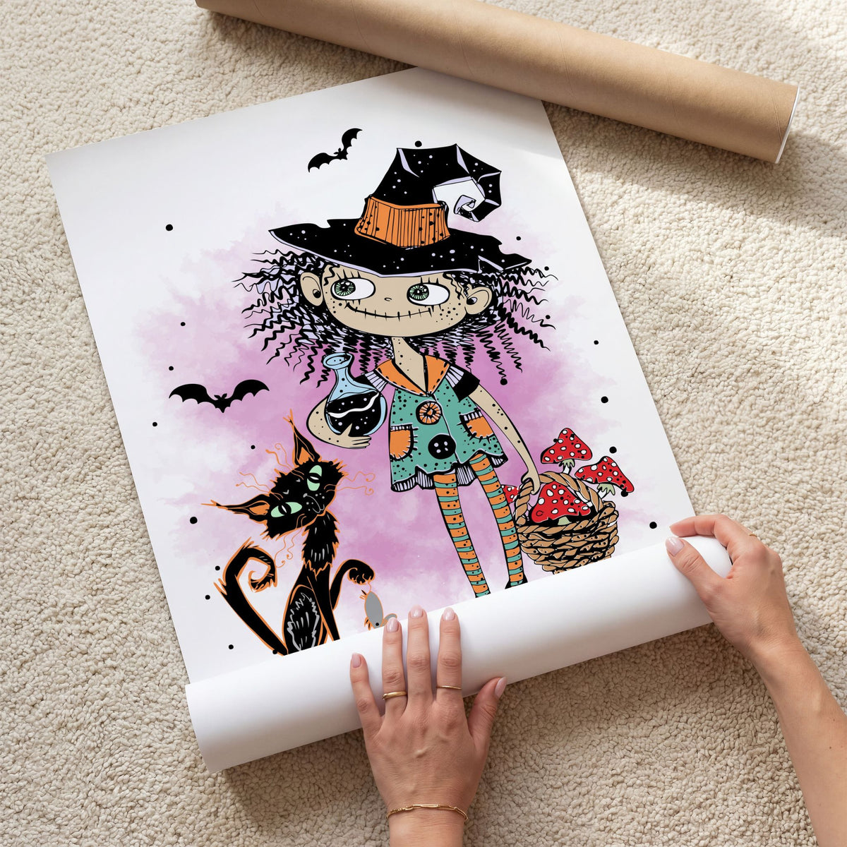 Witchy Wanderer Halloween-plakat med heks, katt og fluesopper vist som kunsttrykk