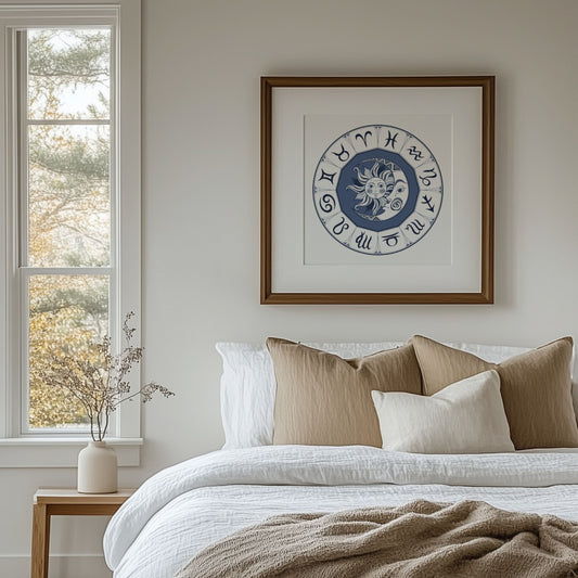 Zodiac wheel stjernetegn plakat i blått over seng i lyst nordisk soverom